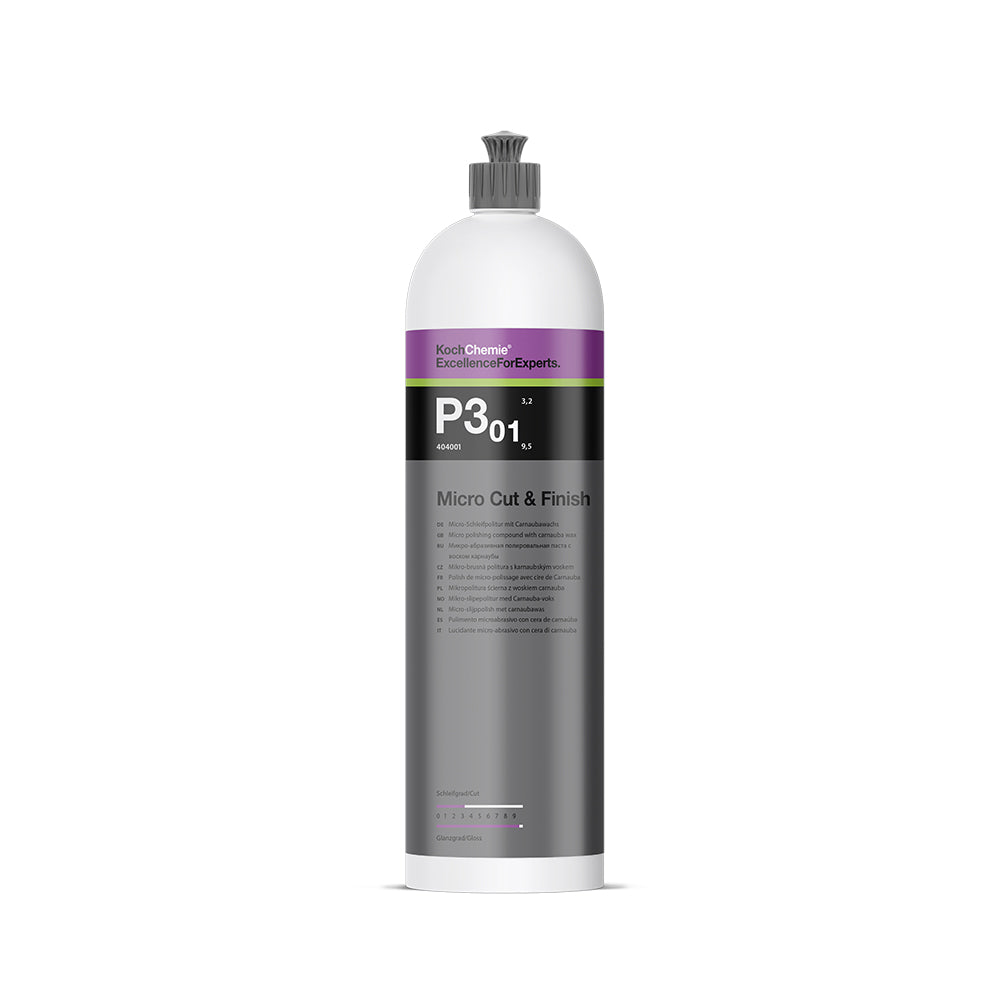 Koch Chemie Micro Cut & Finish P3.01 | Micro Polishing Compound with Carnauba Wax 1L bottle with white background.