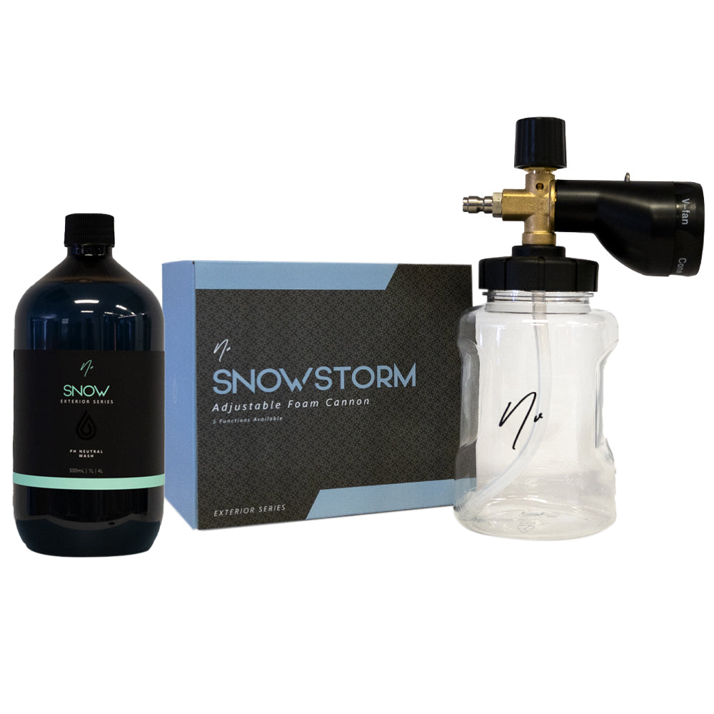 Nv Snowstorm Kit featuring the cannon, 1L nv snow ph neutral wash and the foam cannon box.